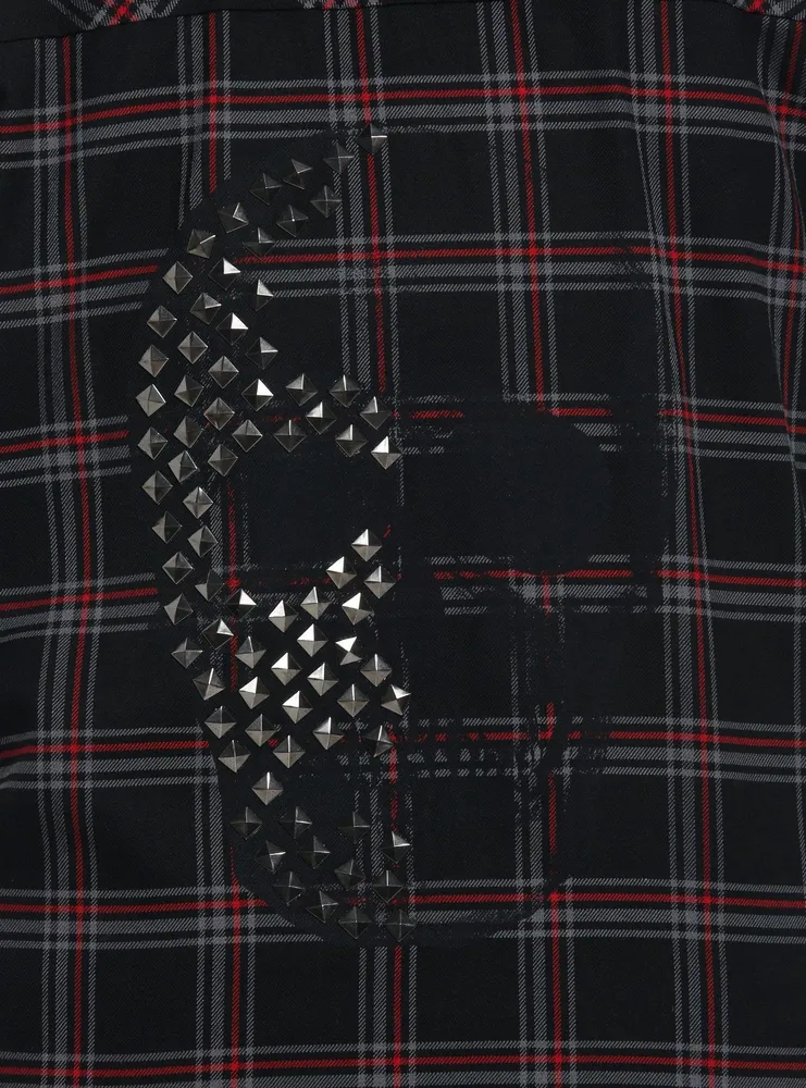 Social Collision Black & Red Plaid Skull Stud Girls Flannel Button-Up Plus