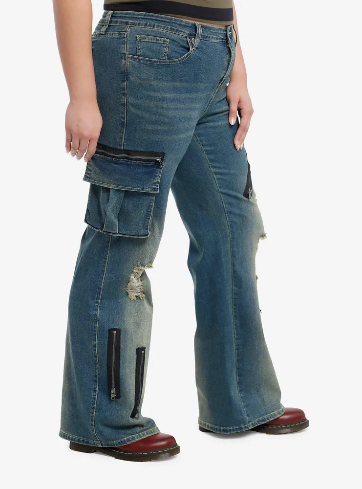 Destructed Zipper Flare Denim Pants Plus