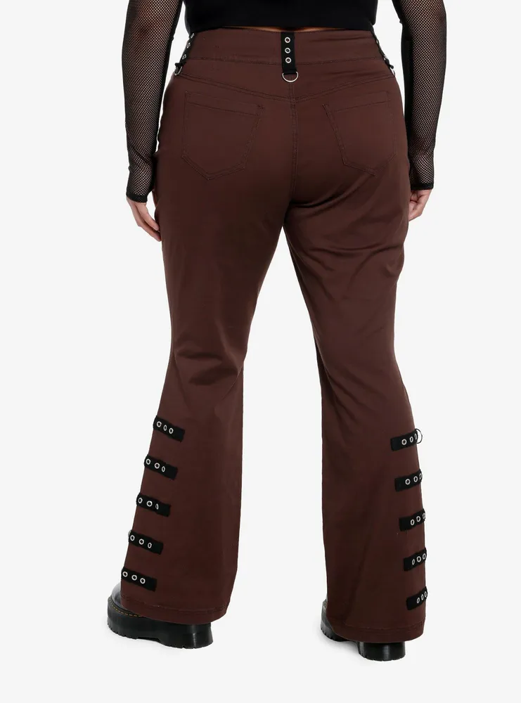 Social Collision Brown Contrast Grommet Strap Flare Pants Plus