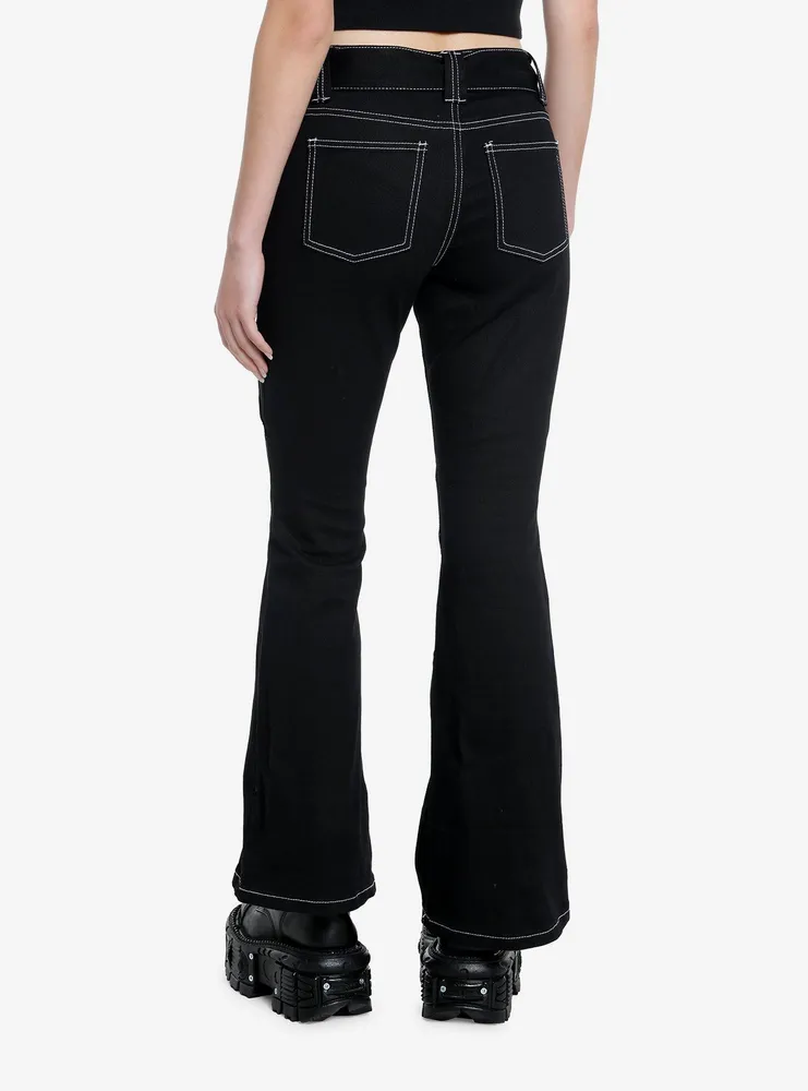 Social Collision Black & White Contrast Stitch Flare Pants With Belt