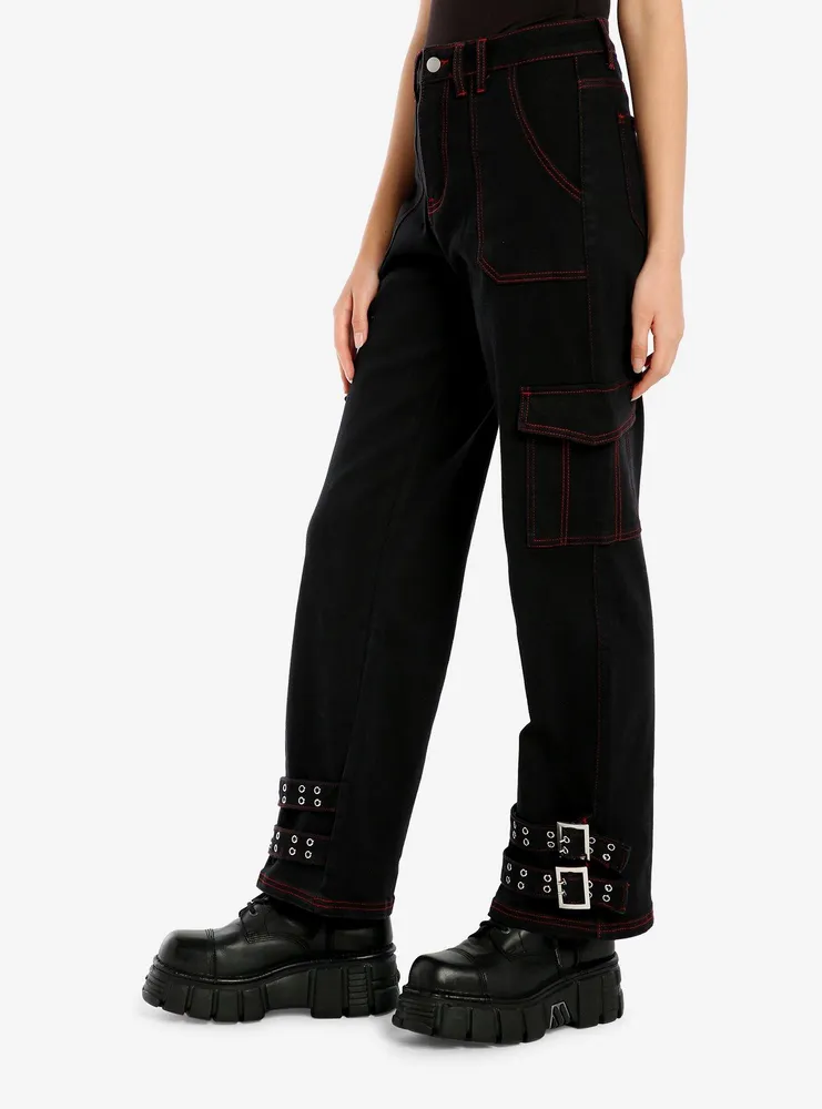 Black & Red Contrast Stitch Buckle Girls Carpenter Pants