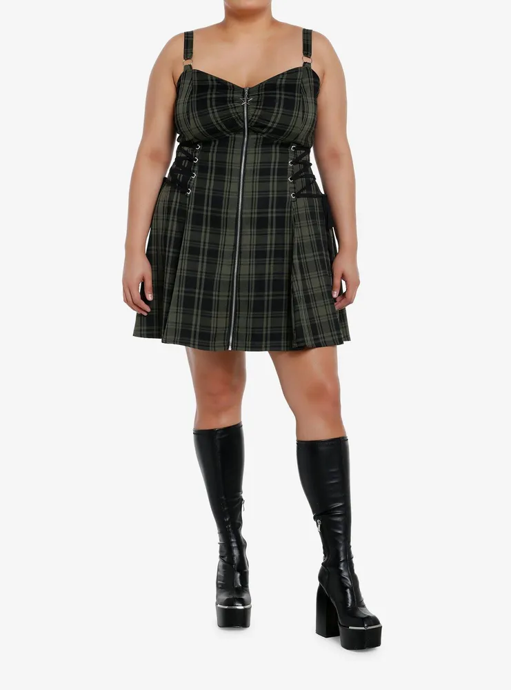 Social Collision Green & Black Zipper Plaid Cami Dress Plus