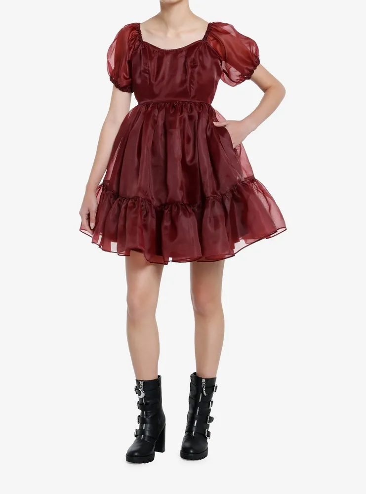 Cosmic Aura Maroon Organza Tiered Dress