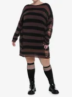 Social Collision Black & Brown Stripe Destructed Sweater Dress Plus