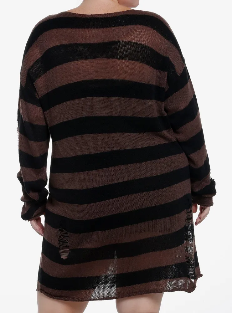 Social Collision Black & Brown Stripe Destructed Sweater Dress Plus