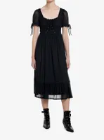 Cosmic Aura Black Lace-Up Mesh Puff Sleeve Midi Dress