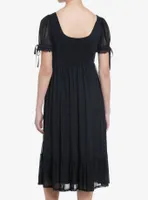 Cosmic Aura Black Lace-Up Mesh Puff Sleeve Midi Dress