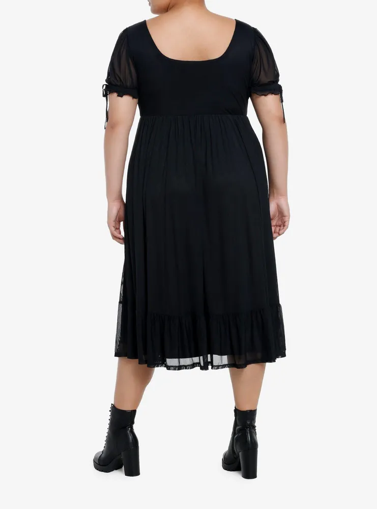 Cosmic Aura Black Lace-Up Mesh Puff Sleeve Midi Dress Plus