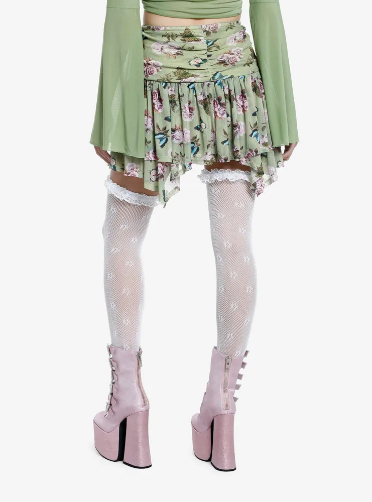 Thorn & Fable Floral Ruched Mesh Tiered Mini Skirt