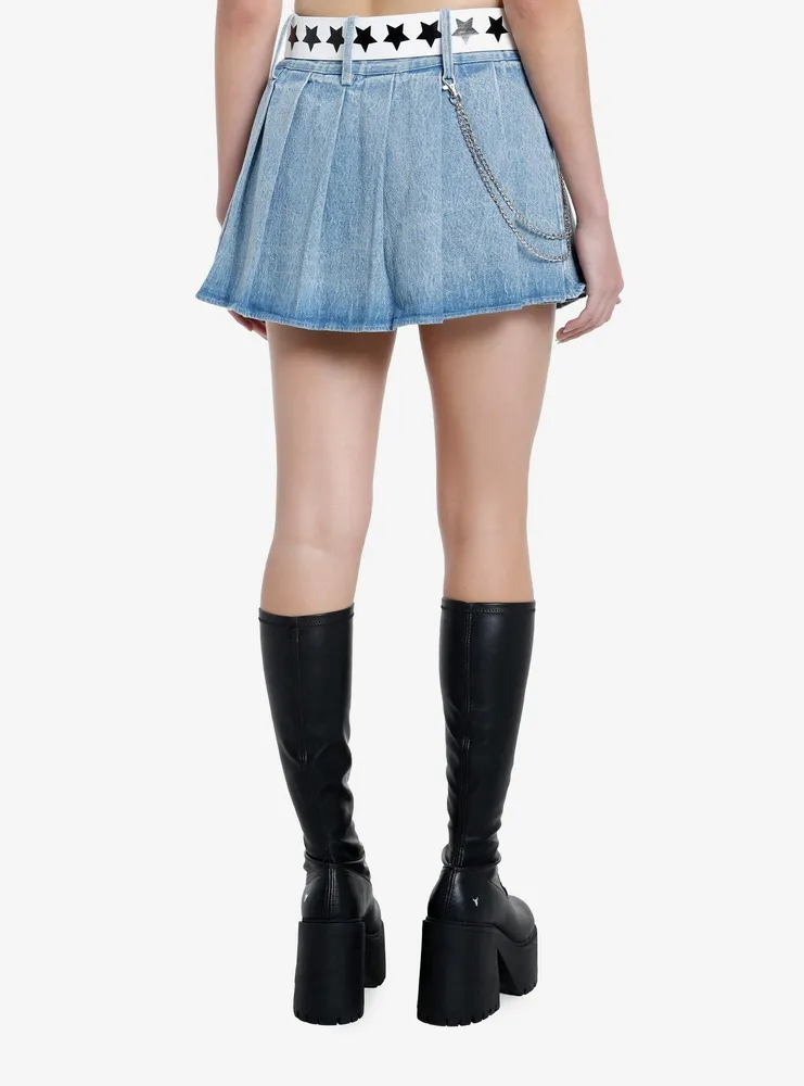 Social Collision Pleated Denim Skirt With Belt & Chain