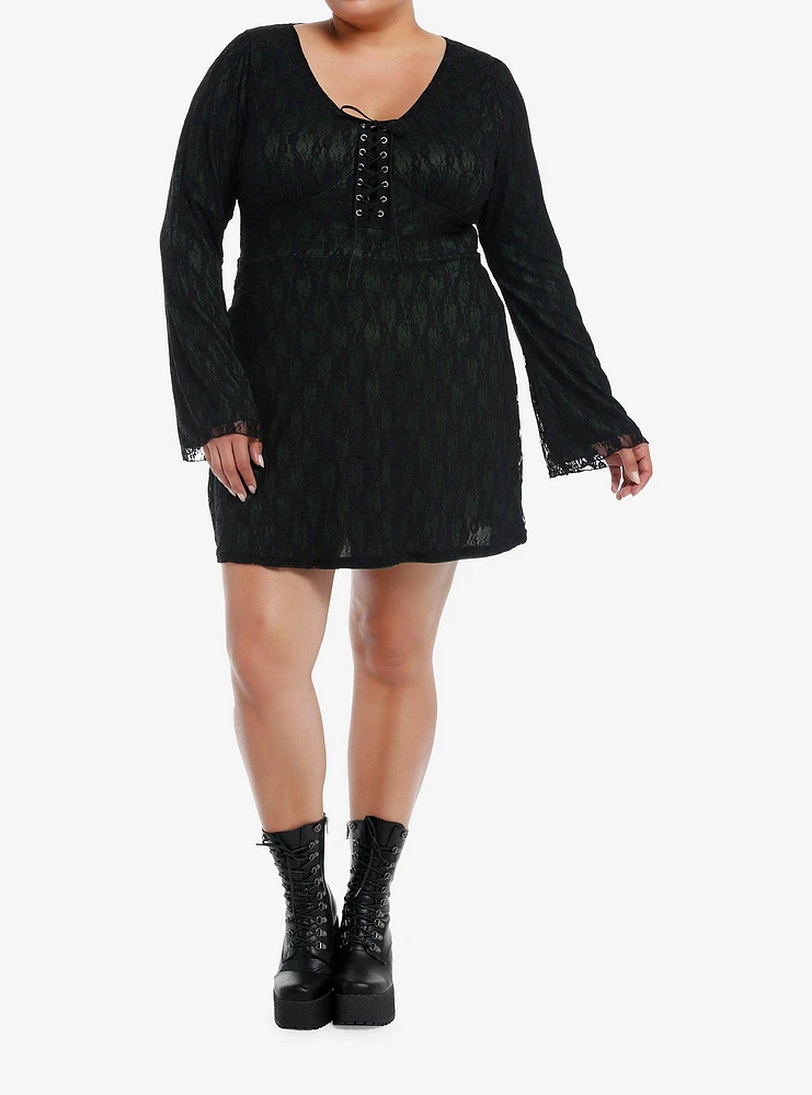 Black & Green Lace Bell Sleeve Dress Plus