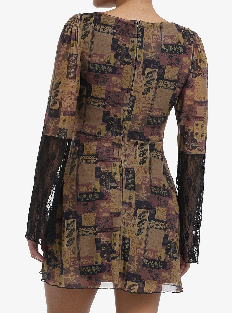 Brown Paisley Patchwork Bell Sleeve Dress
