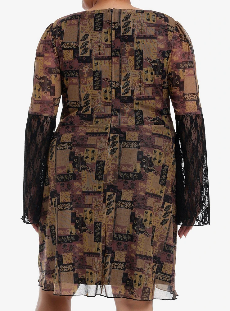 Brown Paisley Patchwork Bell Sleeve Dress Plus