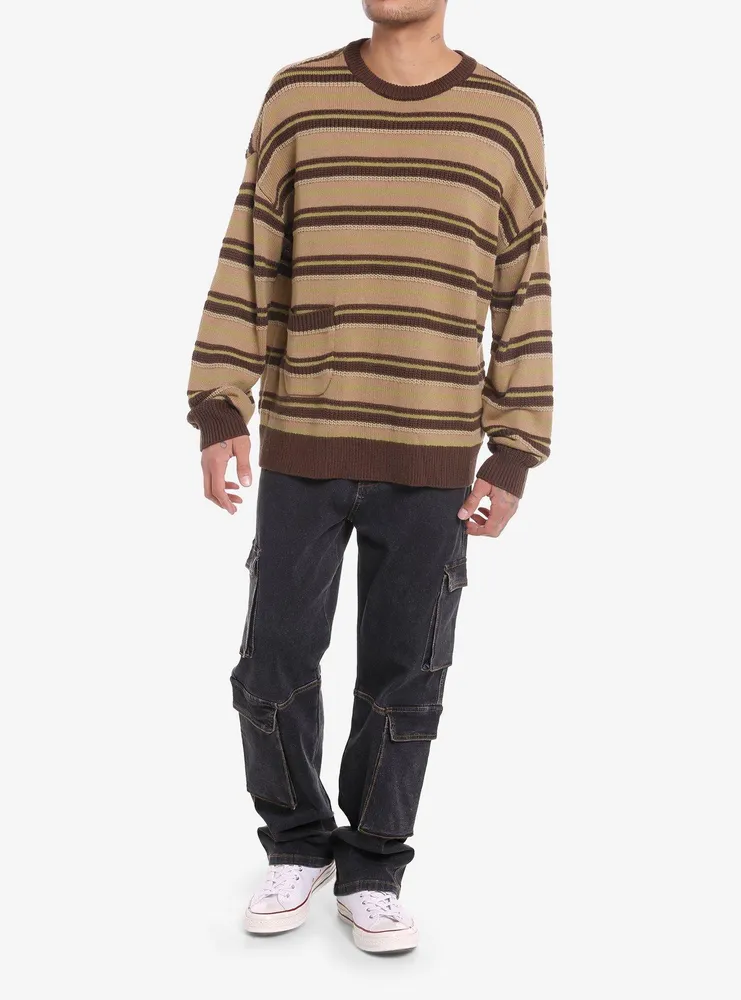 Brown Stripe Pocket Slouchy Knit Sweater