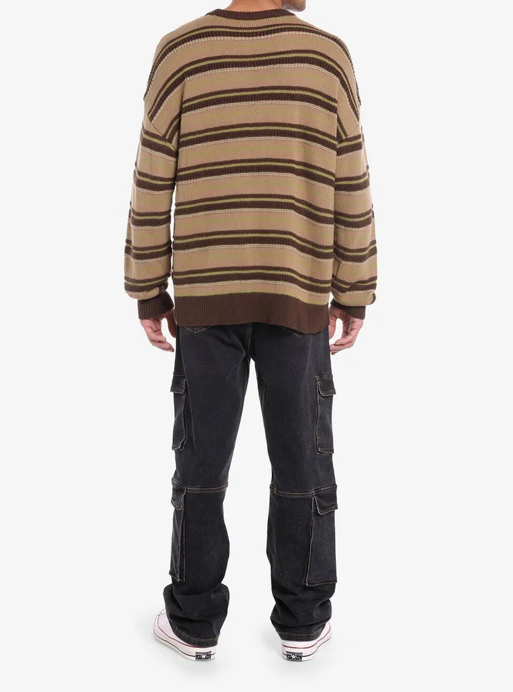 Brown Stripe Pocket Slouchy Knit Sweater