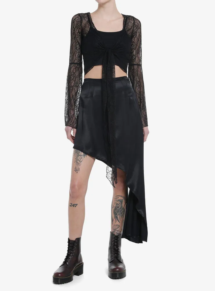 Cosmic Aura Black Lace Bell Sleeve Tie-Front Girls Top