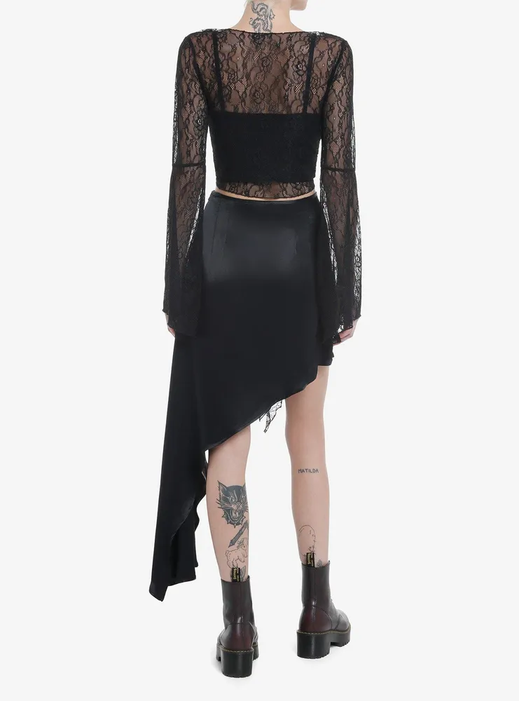 Cosmic Aura Black Lace Bell Sleeve Tie-Front Girls Top