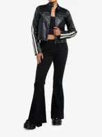 Black & Cream Stripe Faux Leather Girls Moto Jacket