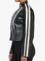 Black & Cream Stripe Faux Leather Girls Moto Jacket