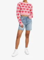 Pink & Red Strawberry Fuzzy Girls Crop Sweater