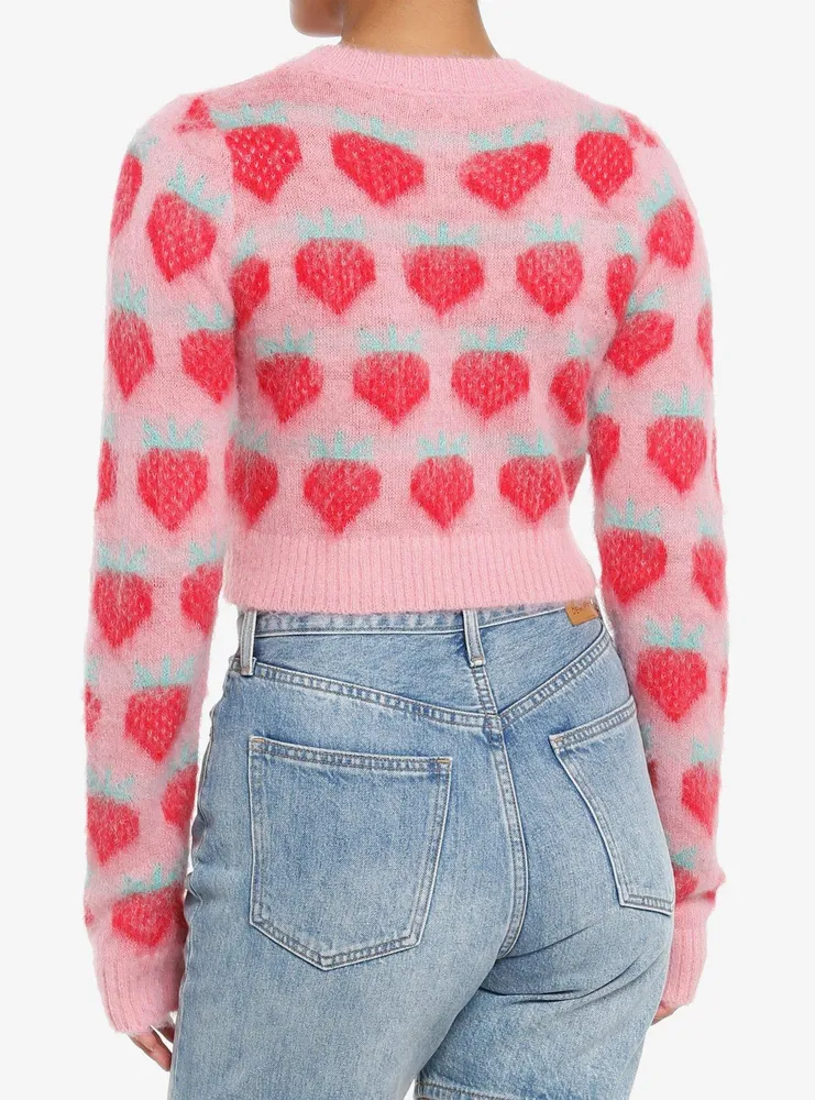 Pink & Red Strawberry Fuzzy Girls Crop Sweater