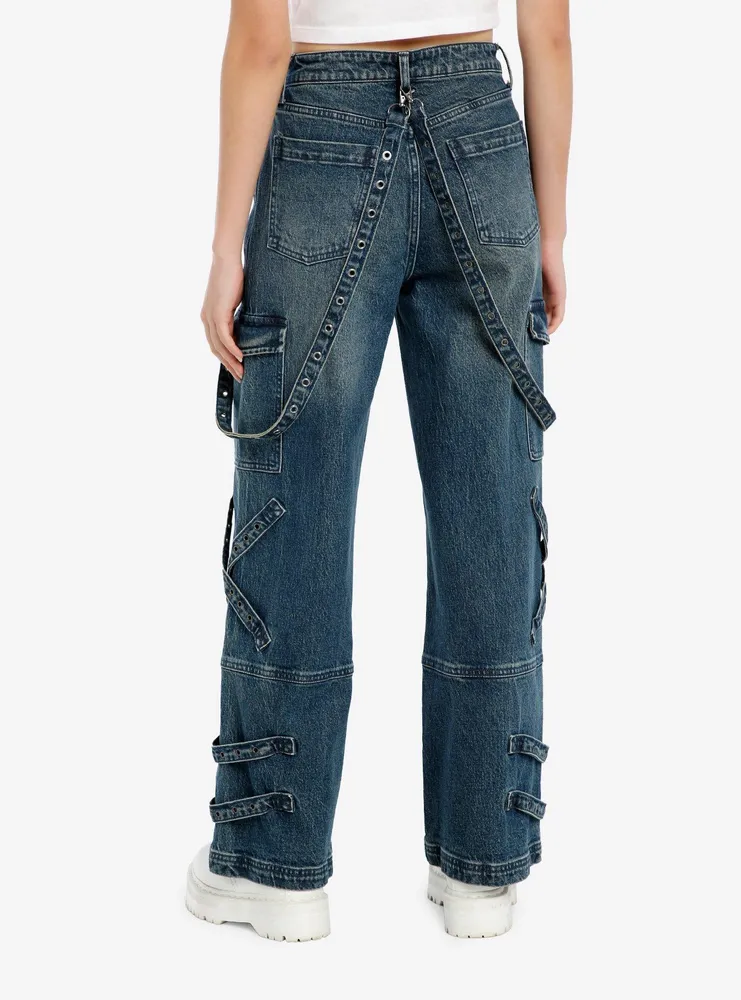 Washed Indigo Denim Harness Wide-Leg Jeans