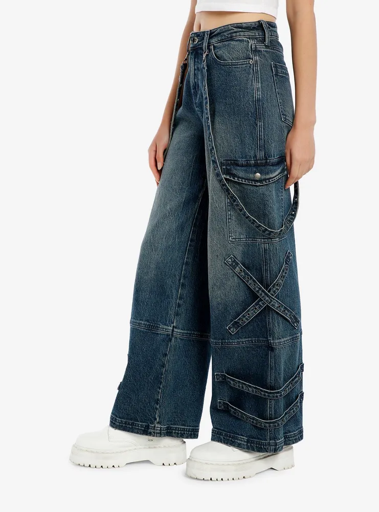 Washed Indigo Denim Harness Wide-Leg Jeans