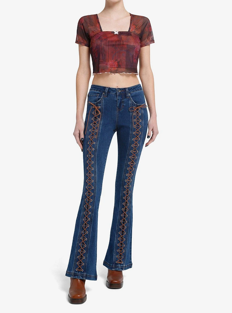 Social Collision Red & Black Rose Butterfly Mesh Girls Crop Top