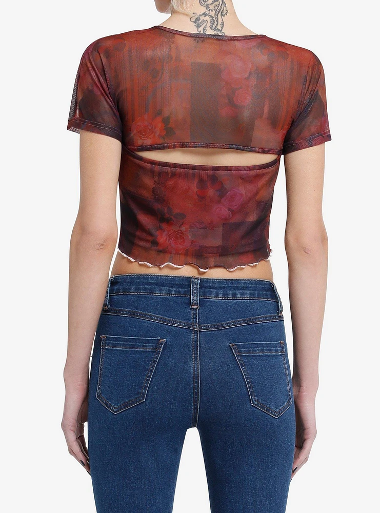 Social Collision Red & Black Rose Butterfly Mesh Girls Crop Top