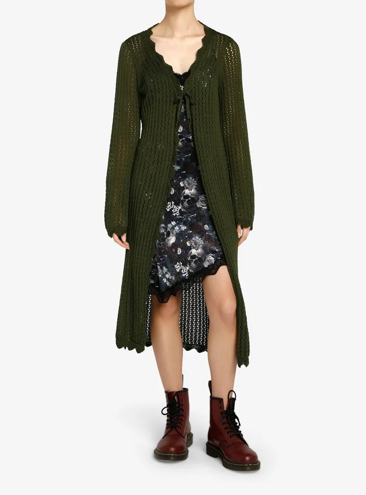 Thorn & Fable Green Tie-Front Girls Midi Knit Cardigan