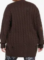 Thorn & Fable Brown Destructed Girls Boxy Knit Cardigan Plus