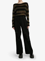 Social Collision Green & Black Stripe Crop Girls Sweater