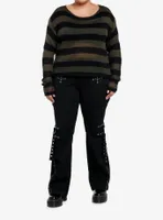 Social Collision Green & Black Stripe Crop Girls Sweater Plus
