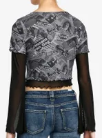 Social Collision Newsprint Mesh Sleeve Girls Twofer Top