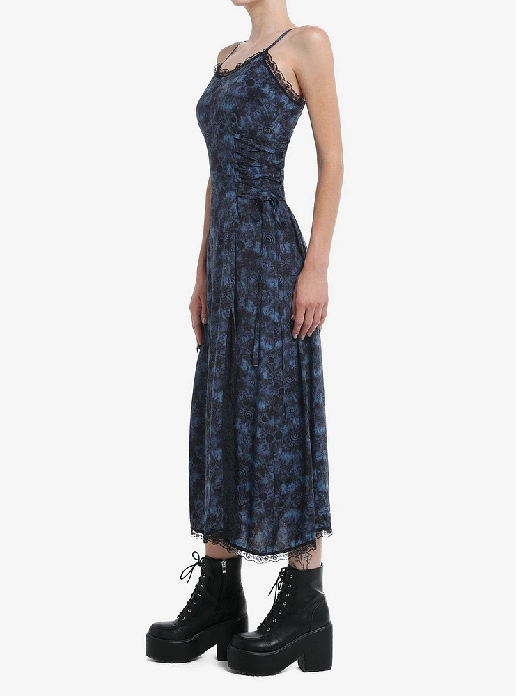 Cosmic Aura Blue Swirl Wash Side Slit Midi Dress