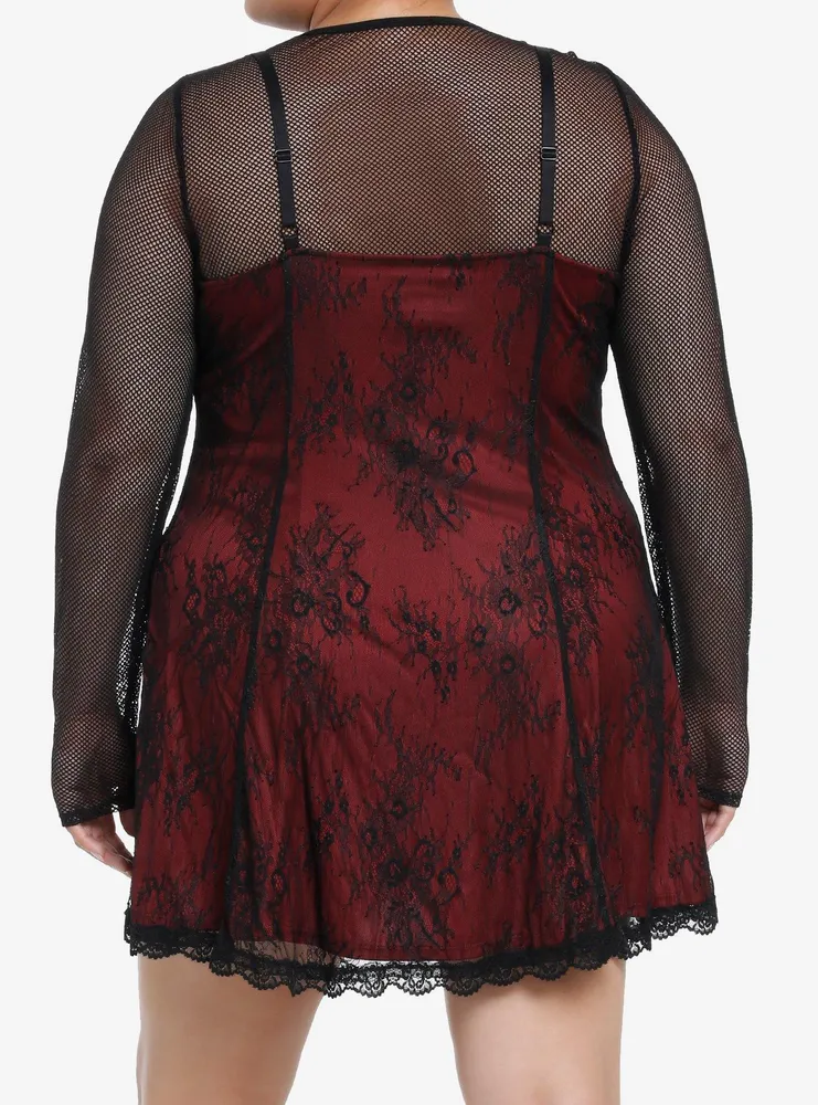 Social Collision Black & Red Lace Twofer Long-Sleeve Dress Plus