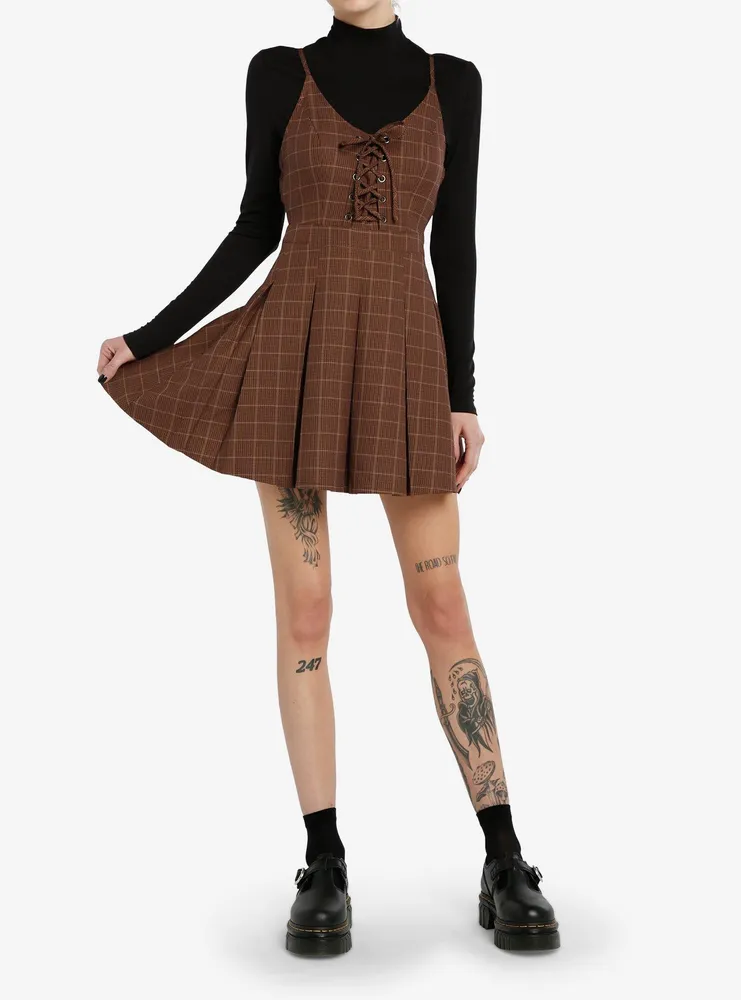Social Collision Brown Plaid Long-Sleeve Twofer Dress