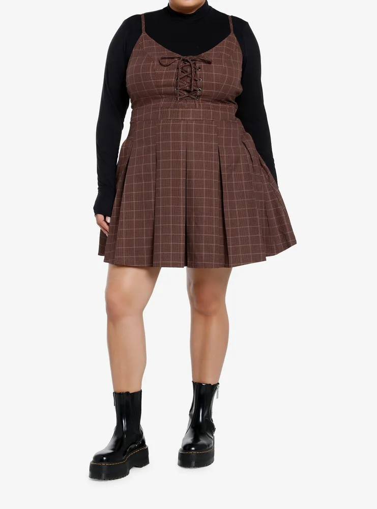 Social Collision Brown Plaid Long-Sleeve Twofer Dress Plus