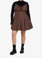 Social Collision Brown Plaid Long-Sleeve Twofer Dress Plus