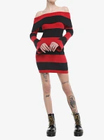 Black & Red Stripe Off-The-Shoulder Long-Sleeve Dress