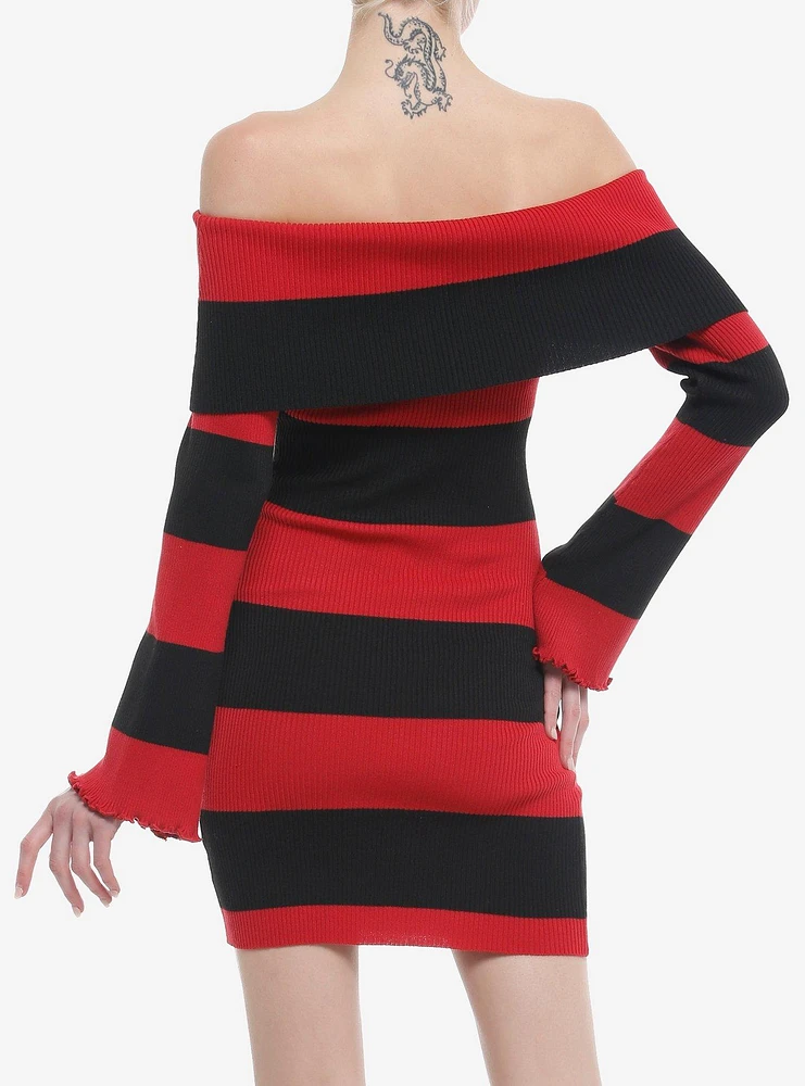 Black & Red Stripe Off-The-Shoulder Long-Sleeve Dress