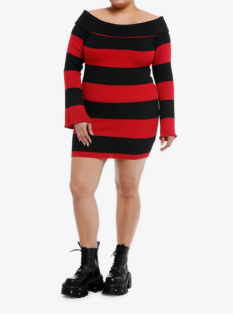 Black & Red Stripe Off-The-Shoulder Long-Sleeve Dress Plus