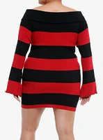Black & Red Stripe Off-The-Shoulder Long-Sleeve Dress Plus
