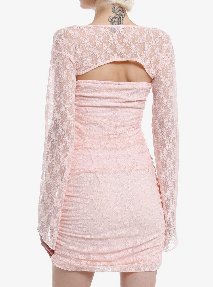 Daisy Street Pink Lace Ruched Bell Sleeve Dress