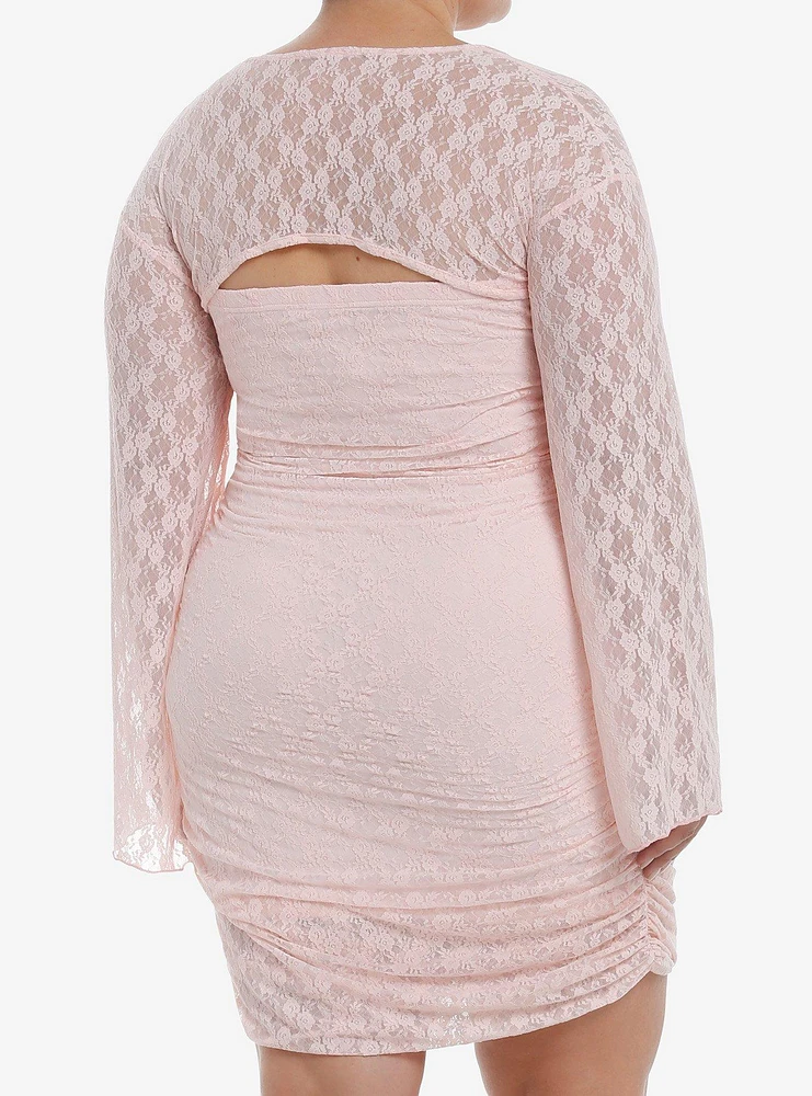 Daisy Street Pink Lace Ruched Bell Sleeve Dress Plus