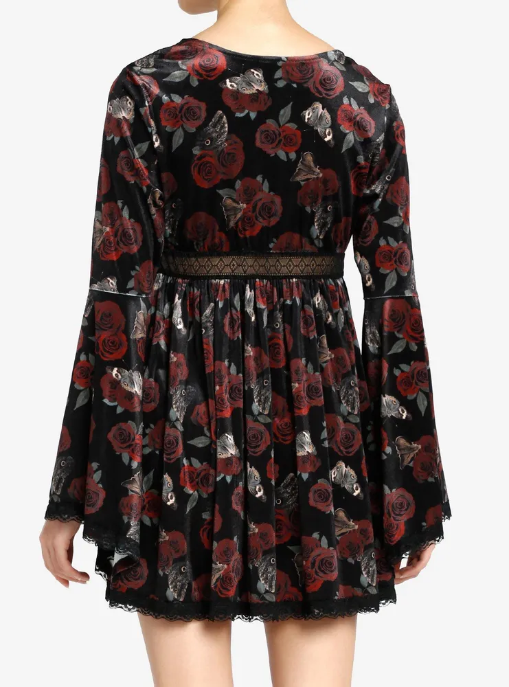 Thorn & Fable Rose Moth Velvet Bell Sleeve Dress