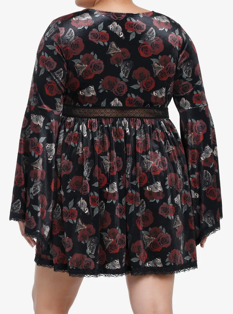 Thorn & Fable Rose Moth Velvet Bell Sleeve Dress Plus