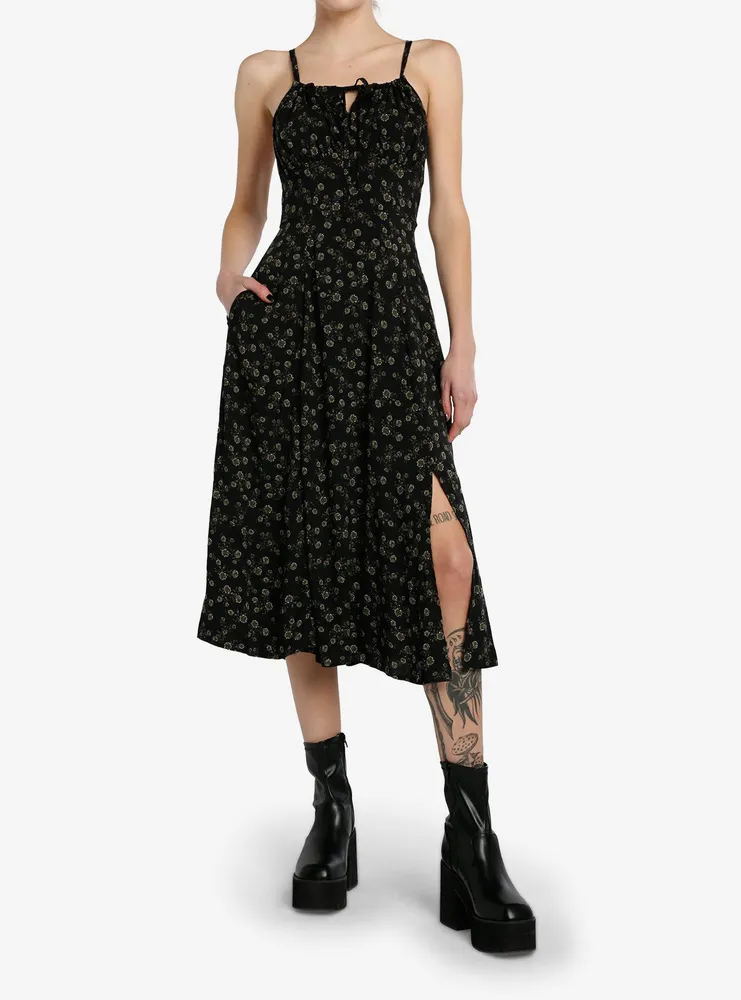 Thorn & Fable Black Green Floral Midi Dress
