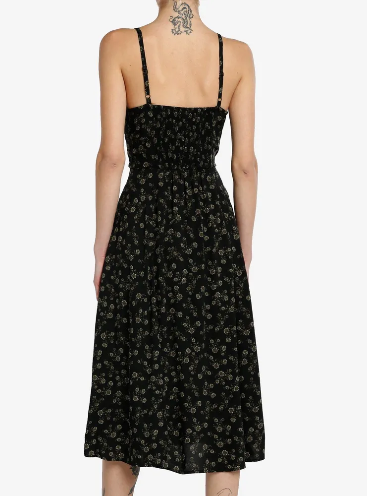 Thorn & Fable Black Green Floral Midi Dress
