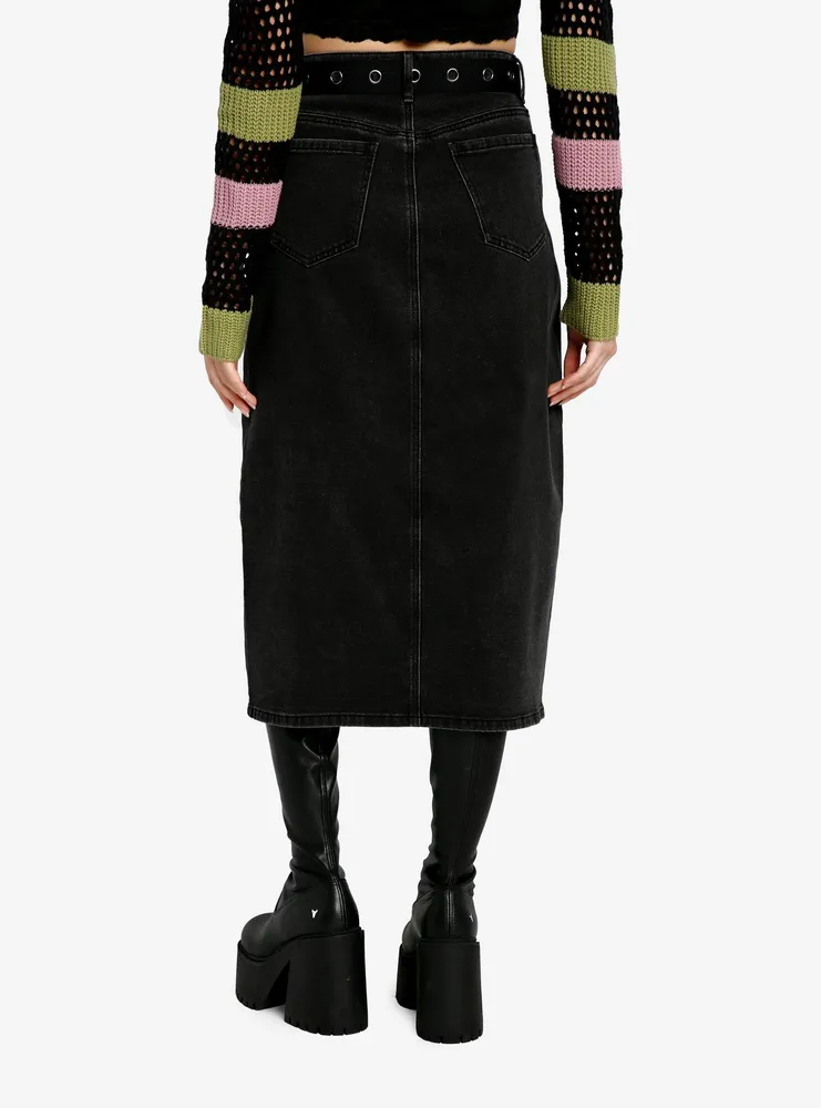 Social Collision Black Denim Belted Midi Skirt